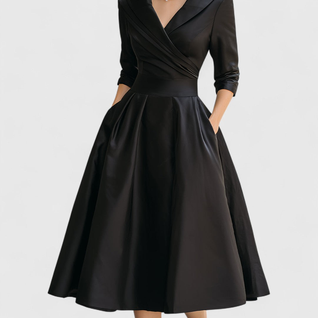 Elegant Satin Midi Dress for Women with Shawl Collar Wrap Front Elbow Sleeve Pleated Flowing Style