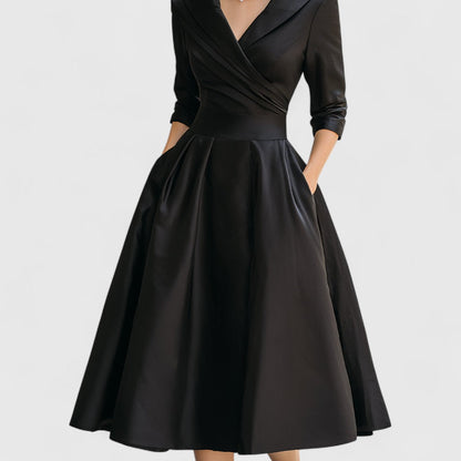 Elegant Satin Midi Dress for Women with Shawl Collar Wrap Front Elbow Sleeve Pleated Flowing Style