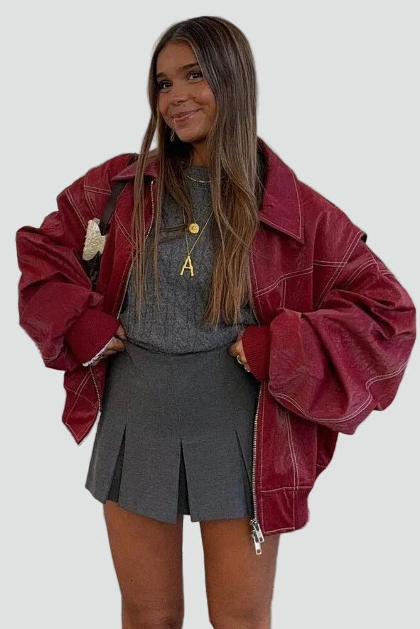 Women's Oversized Zip Front Pockets Bomber Jacket