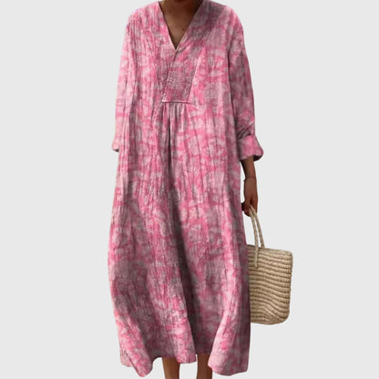Effortless Patchwork Print Linen Maxi Dress for Women with V Neck Long Sleeve Relaxed Flowing Bohemian Style