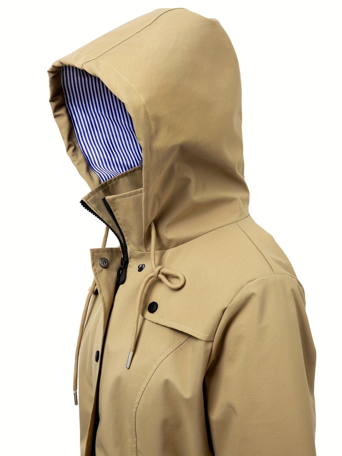 Stylish Hooded Rainwear Jacket for Women with Drawstring Waist Zip Front Long Windbreaker All Weather Style