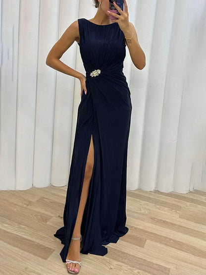 Elegant Satin Cocktail Dress for Women with Bateau Neck Sleeveless Ruched Thigh Slit Formal Party Style