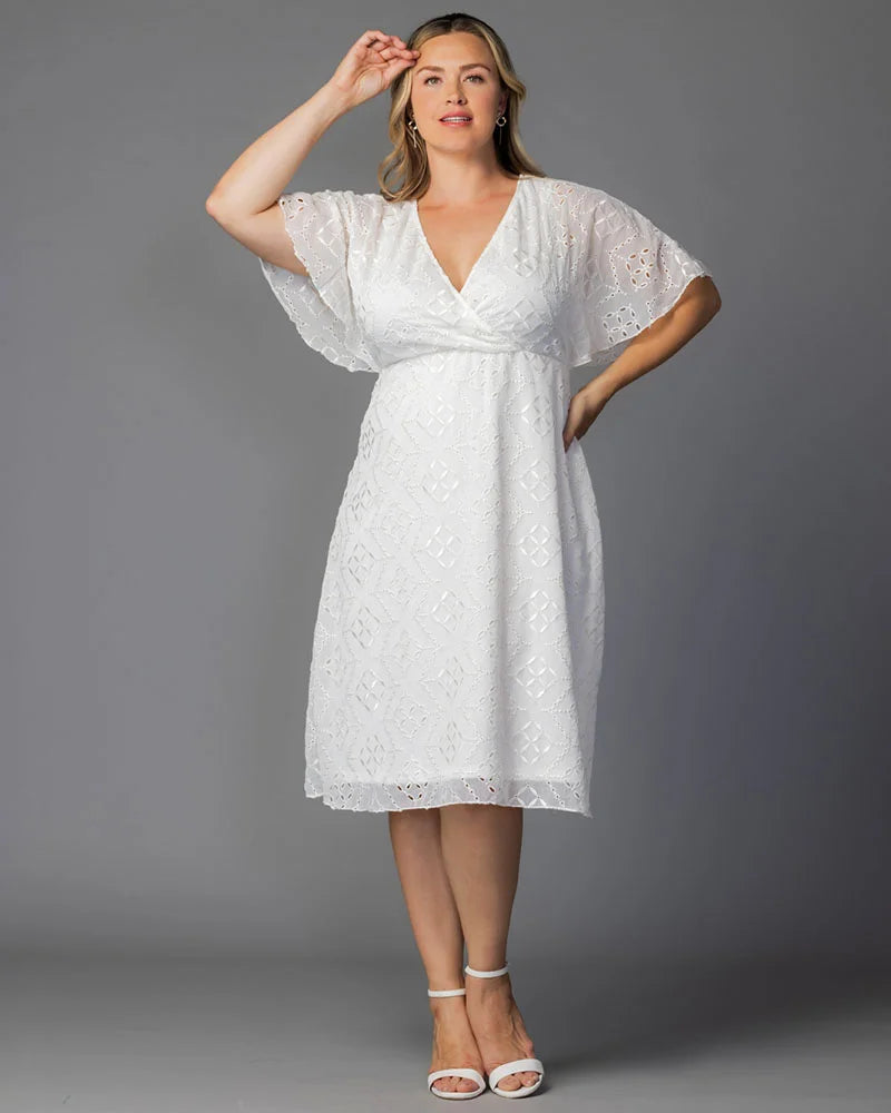 Stylish White Cocktail Dress for Women with V Neck Flutter Sleeve Eyelet Flared Midi Occasion Style