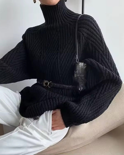 Comfortable Ribbed Knit Sweater for Women with High Neck Long Sleeve Oversized Batwing Style