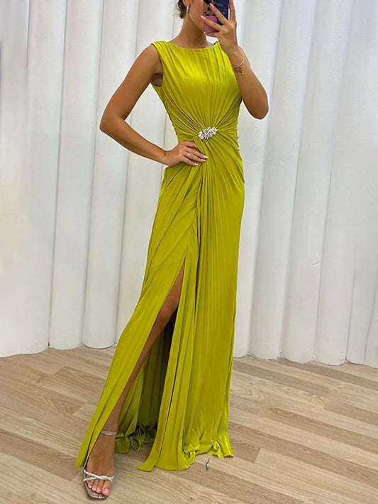 Elegant Satin Cocktail Dress for Women with Bateau Neck Sleeveless Ruched Thigh Slit Formal Party Style