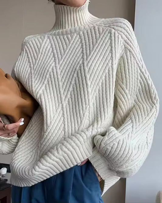 Comfortable Ribbed Knit Sweater for Women with High Neck Long Sleeve Oversized Batwing Style