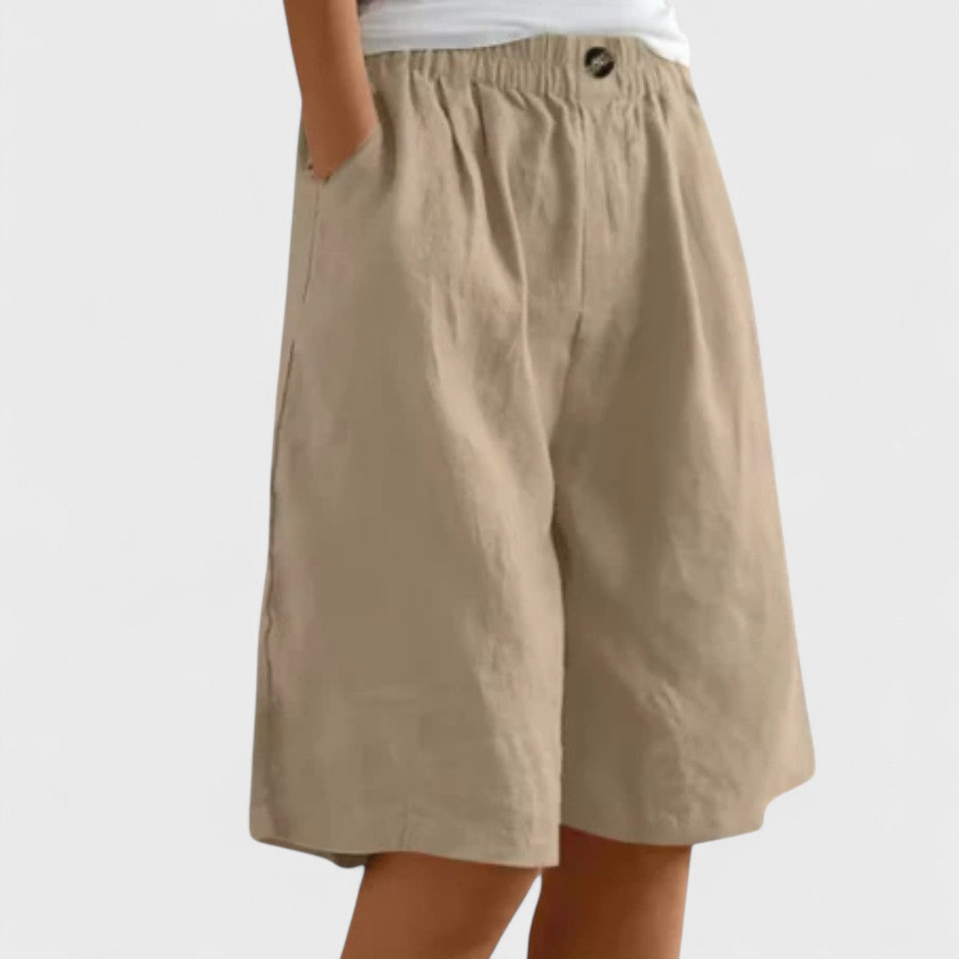 Effortless Linen Bermuda Shorts for Women with High Waist Elastic Button Wide Leg Casual Style
