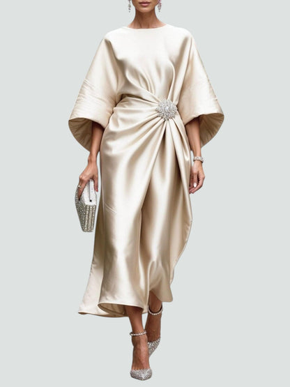 Elegant Satin Midi Dress for Women with Boat Neck Batwing Sleeve Draped Brooch Cocktail Style