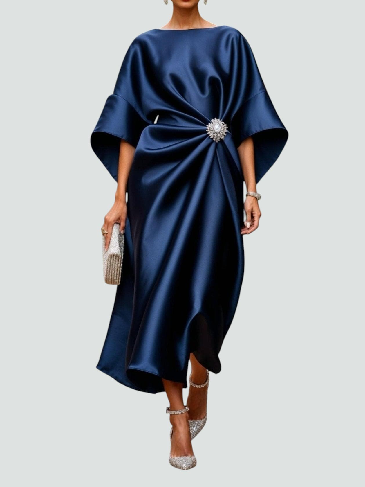 Abigail | Elegant Navy Satin Autumn Wedding Guest Dress for Women with Boat Neck Batwing Sleeve Draped Cocoon Style