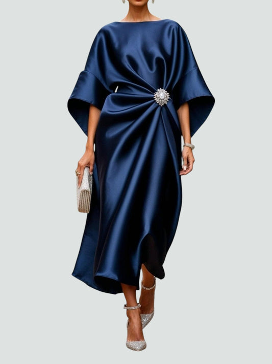 Abigail | Elegant Navy Satin Autumn Wedding Guest Dress for Women with Boat Neck Batwing Sleeve Draped Cocoon Style