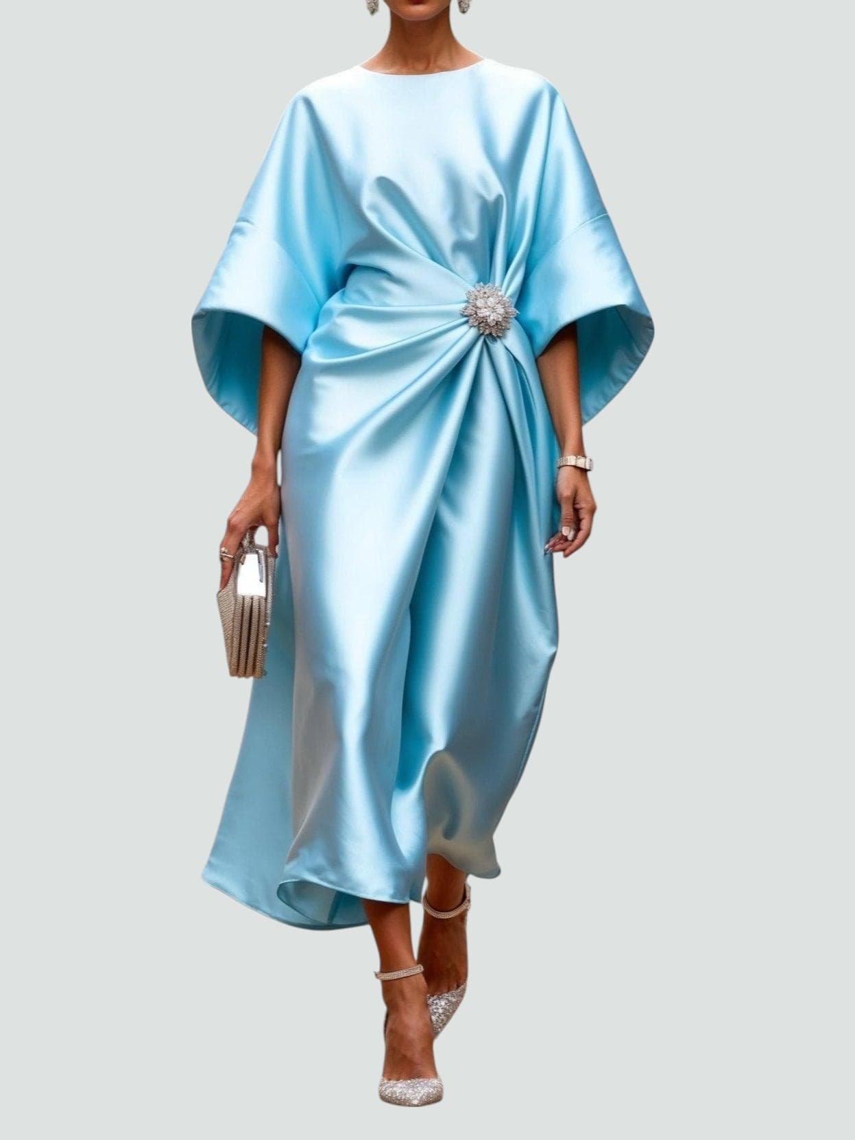 Elegant Satin Midi Dress for Women with Boat Neck Batwing Sleeve Draped Brooch Cocktail Style