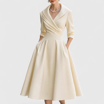 Elegant Satin Midi Dress for Women with Shawl Collar Wrap Front Elbow Sleeve Pleated Flowing Style