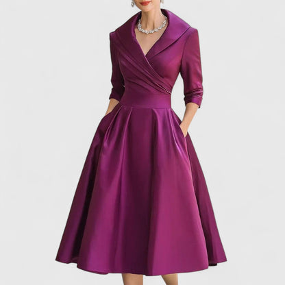 Elegant Satin Midi Dress for Women with Shawl Collar Wrap Front Elbow Sleeve Pleated Flowing Style