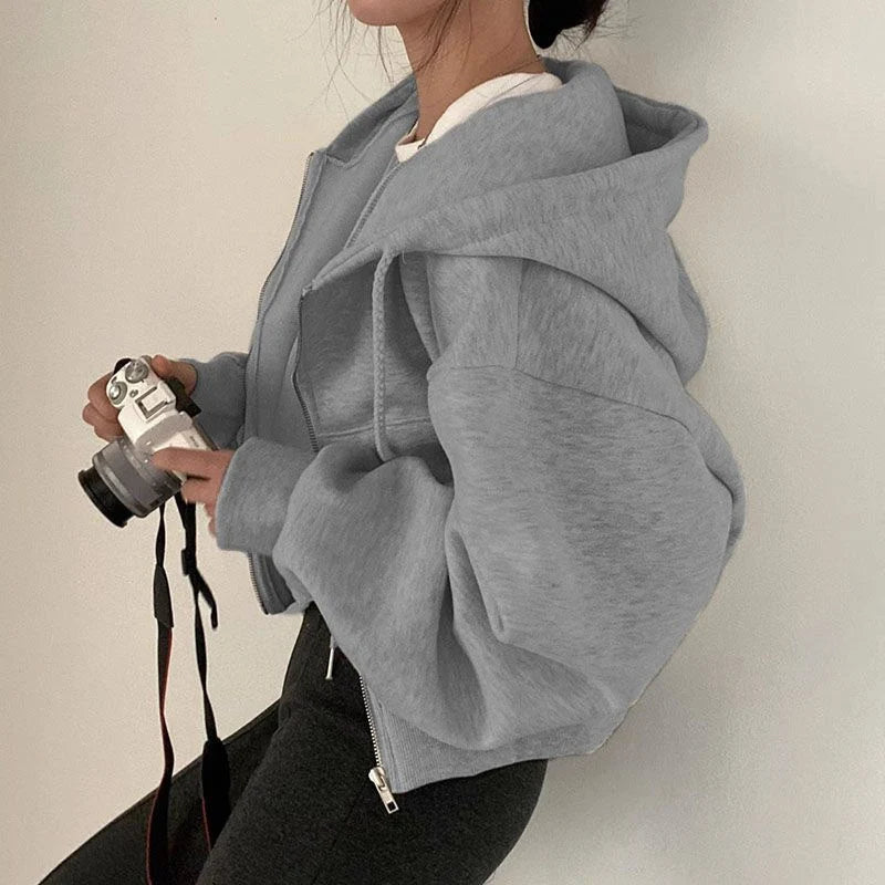 Effortless Cropped Zip Hoodie for Women with Hooded Drawstring Long Sleeve Oversized Casual Style
