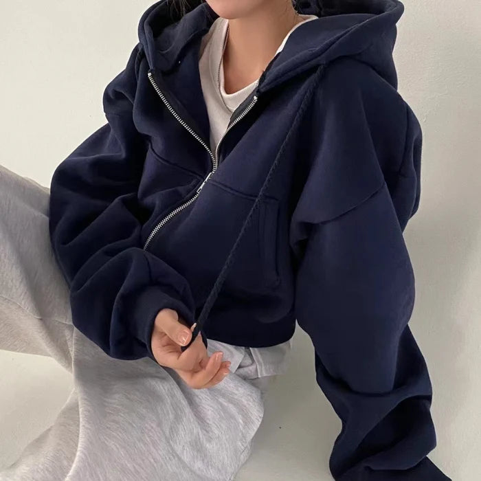 Effortless Cropped Zip Hoodie for Women with Hooded Drawstring Long Sleeve Oversized Casual Style