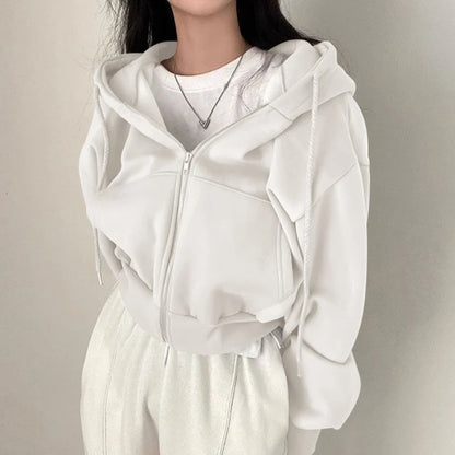 Effortless Cropped Zip Hoodie for Women with Hooded Drawstring Long Sleeve Oversized Casual Style