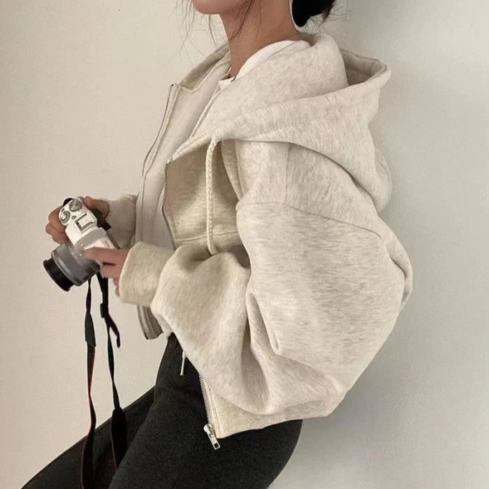 Effortless Cropped Zip Hoodie for Women with Hooded Drawstring Long Sleeve Oversized Casual Style
