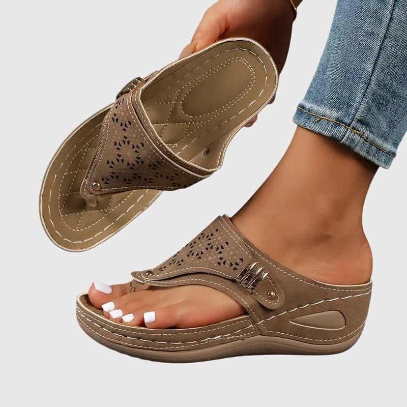 Comfortable Wedge Sandal for Women with Toe Post Buckle Strap Perforated Cushioned Style