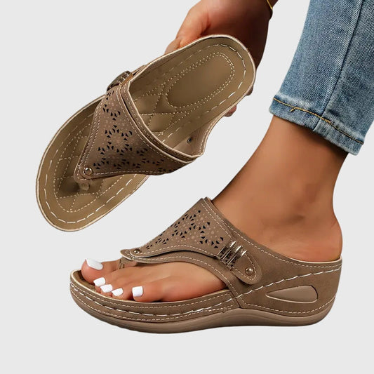 Comfortable Wedge Sandal for Women with Toe Post Buckle Strap Perforated Cushioned Style