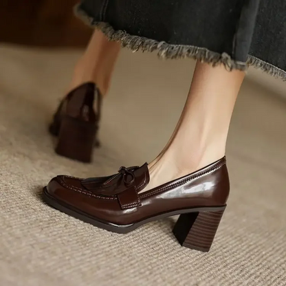 Elegant Patent Leather Tassel Loafer for Women with Bow Detail Block Heel Almond Toe Style