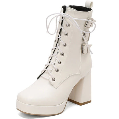 Bold White Platform Boots for Women with Lace Up Buckle Strap Stacked Heel Utility Style