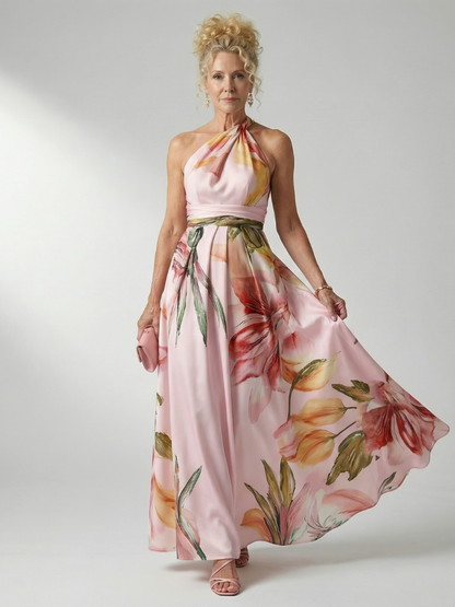 Elegant Floral Cocktail Dress for Women with One Shoulder Halter Sash Waist Flowing Maxi Style