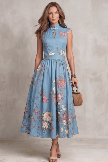 Elegant Floral Cocktail Dress for Women with Keyhole Neck Cap Sleeve Pleated Midi Style