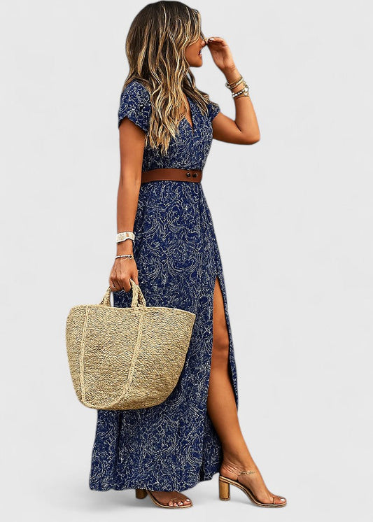 Effortless Paisley Maxi Dress for Women with V Neck Cap Sleeve Wrap Belted Bohemian Style