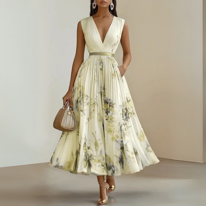 Effortless Watercolor Floral Midi Dress for Women with V Neck Sleeveless Pleated Belted Flowing Style