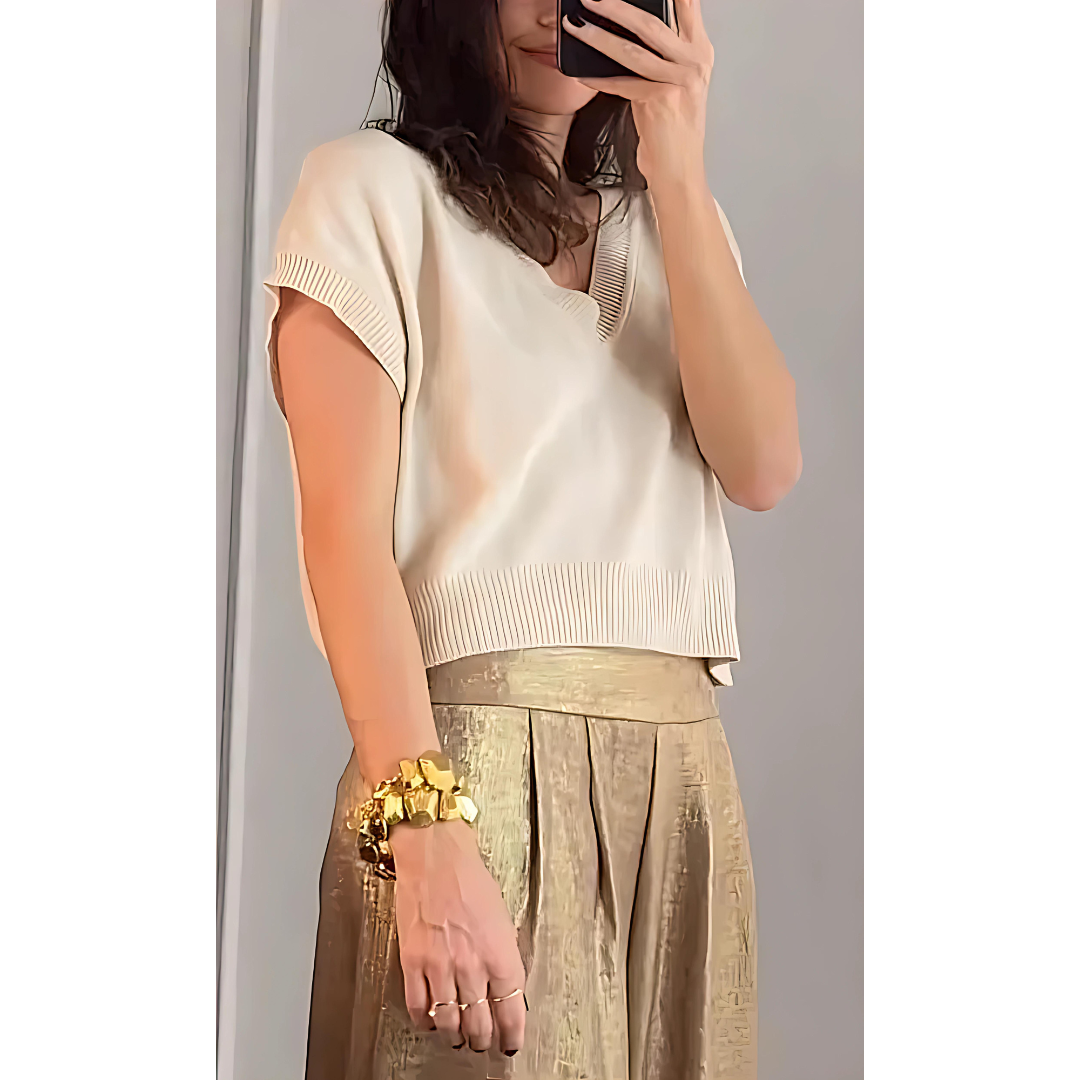 Elegant Wide Leg Pants Two Piece Set for Women with V Neck Short Sleeve Ribbed Knit Relaxed Style