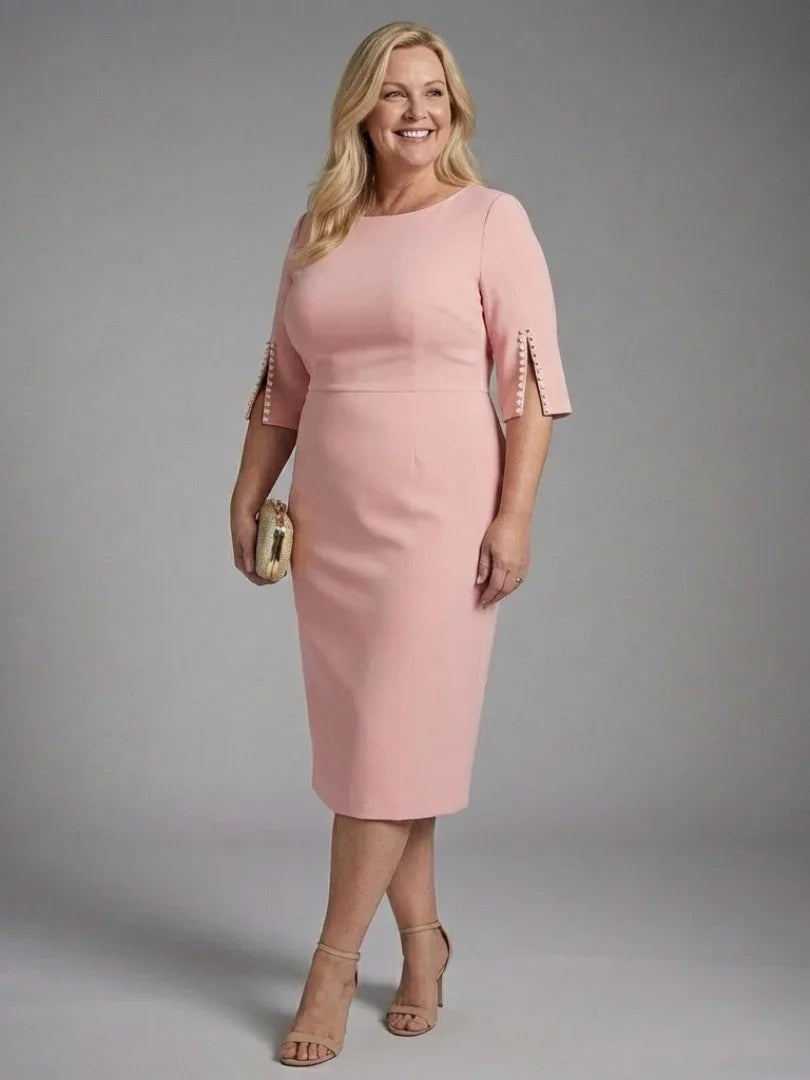 Elegant Pearl Embellished Sheath Midi Dress for Women with Boat Neck Split Sleeve Bodycon Cocktail Style