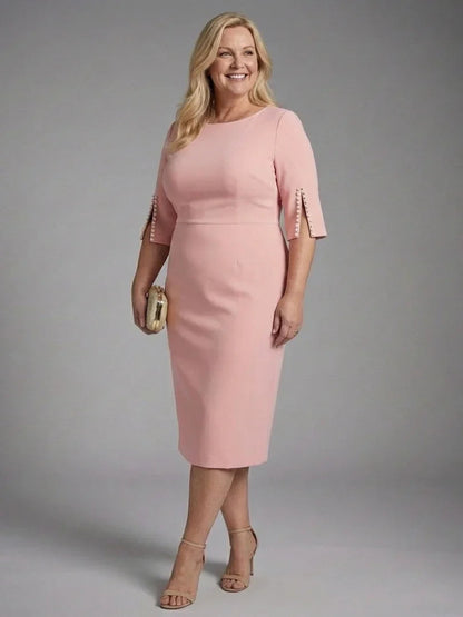 Elegant Pearl Embellished Sheath Midi Dress for Women with Boat Neck Split Sleeve Bodycon Cocktail Style