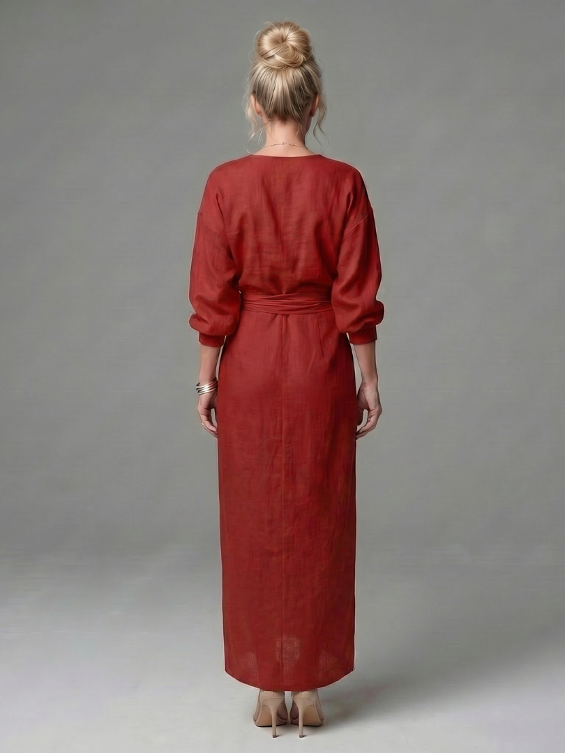 Elegant Red Dress for Women with V Neck Long Sleeve Diagonal Drape Maxi Style