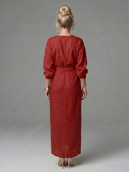 Elegant Red Dress for Women with V Neck Long Sleeve Diagonal Drape Maxi Style