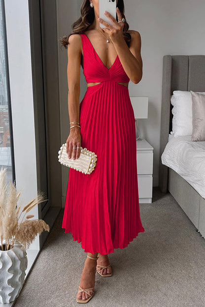 Elegant Pleated Cocktail Dress for Women with V Neck Sleeveless Cutout Waist Flowing Maxi Style