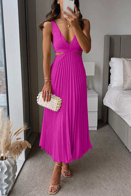 Elegant Pleated Cocktail Dress for Women with V Neck Sleeveless Cutout Waist Flowing Maxi Style