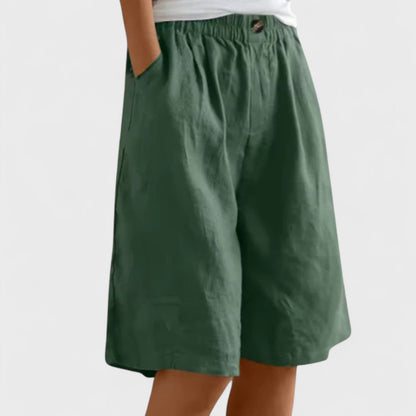 Effortless Linen Bermuda Shorts for Women with High Waist Elastic Button Wide Leg Casual Style