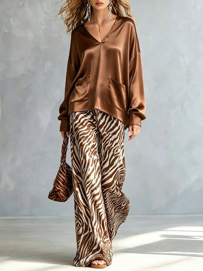 Chic Brown Satin Two Piece Set for Women with V Neck Top Zebra Print Relaxed Leg Pants Standout Style