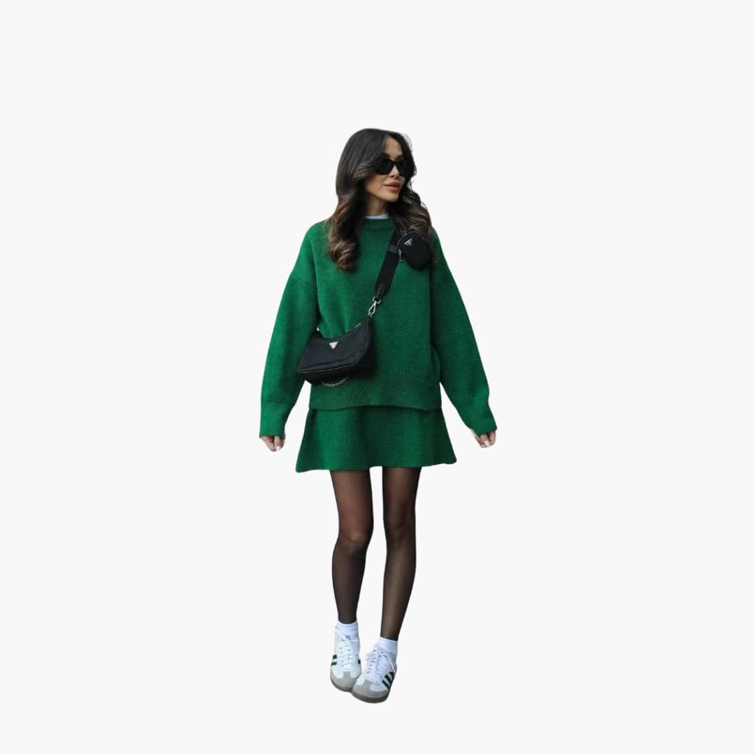 Stylish Black Knit Two Piece Set for Women with Round Neck Sweater High Waist Mini Skirt Loungewear Style