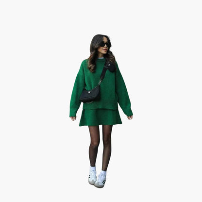 Stylish Black Knit Two Piece Set for Women with Round Neck Sweater High Waist Mini Skirt Loungewear Style