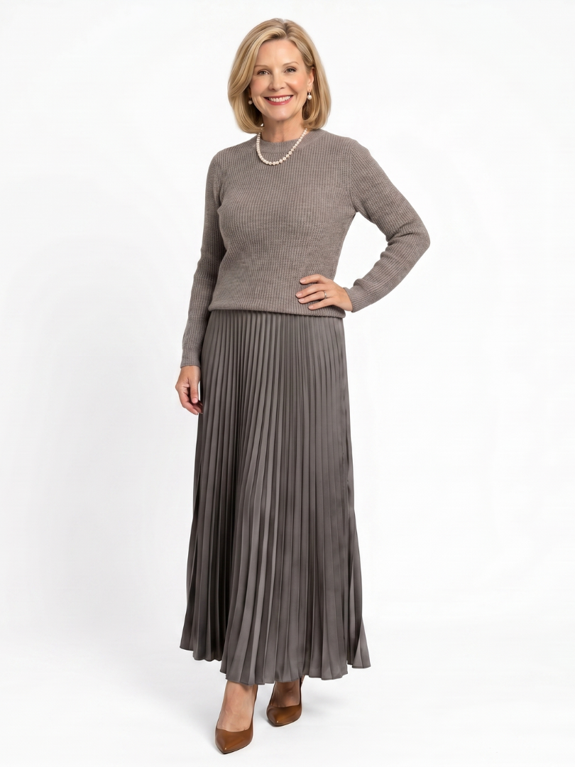 Women Pleated Satin Maxi Skirt