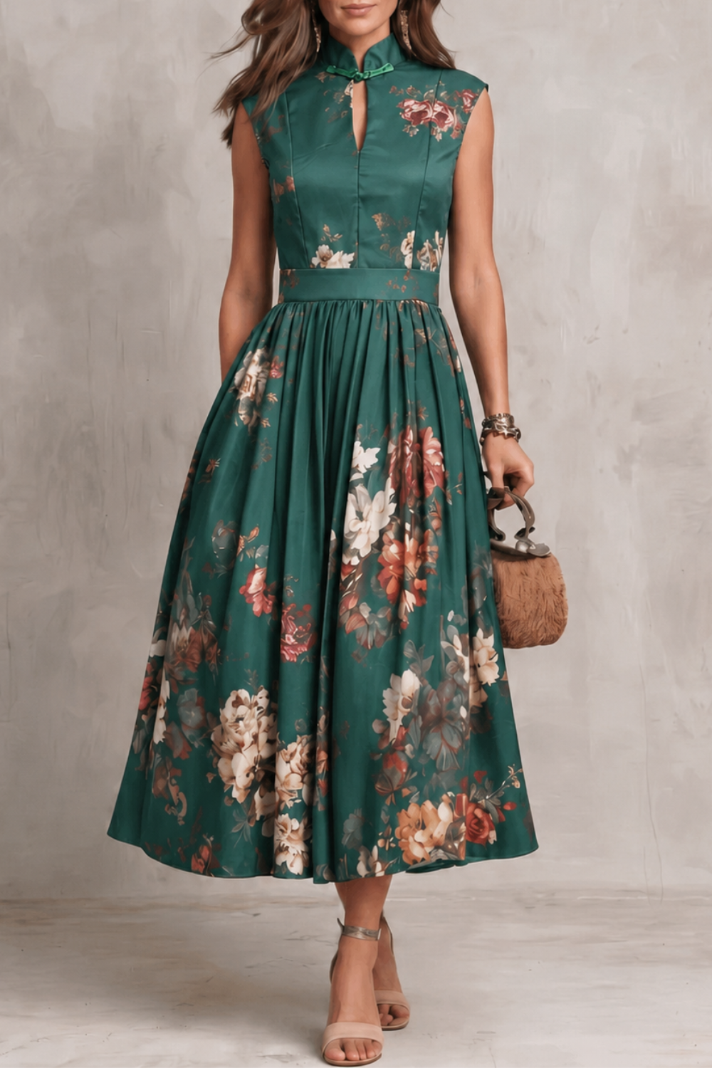 Elegant Floral Cocktail Dress for Women with Keyhole Neck Cap Sleeve Pleated Midi Style