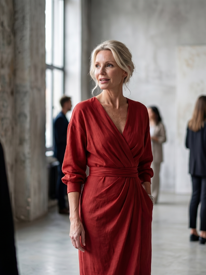 Elegant Red Dress for Women with V Neck Long Sleeve Diagonal Drape Maxi Style