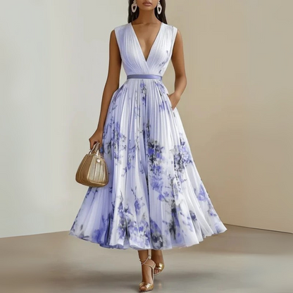 Effortless Watercolor Floral Midi Dress for Women with V Neck Sleeveless Pleated Belted Flowing Style
