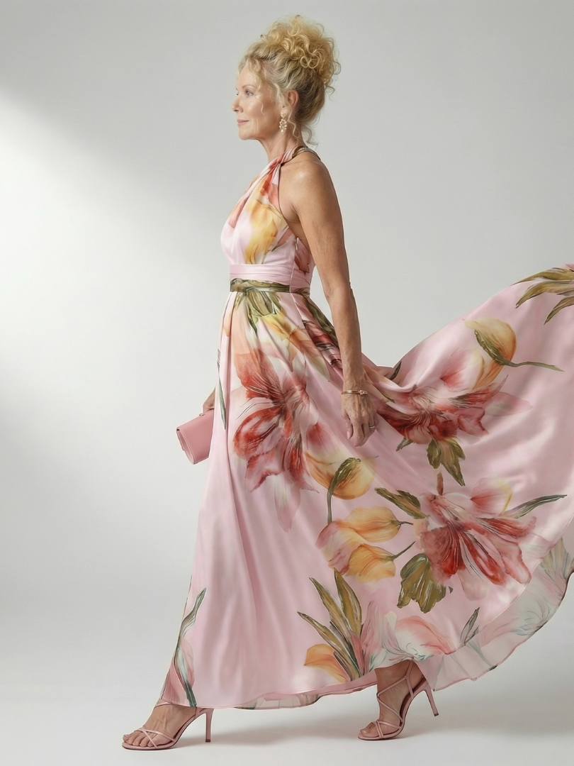 Elegant Floral Cocktail Dress for Women with One Shoulder Halter Sash Waist Flowing Maxi Style