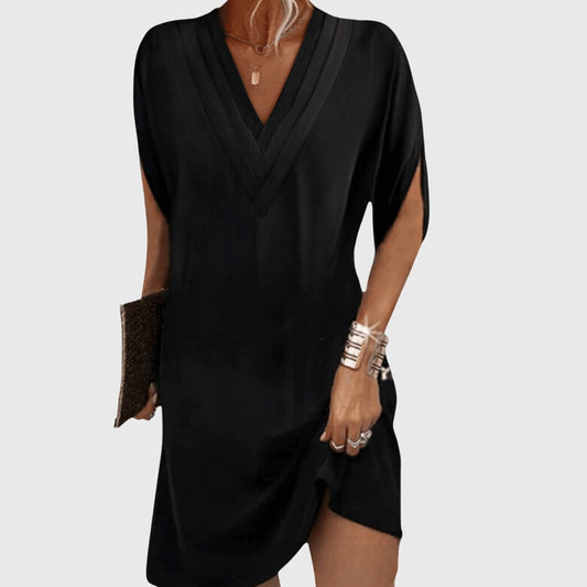 Effortless Mini Dress for Women with V Neck Split Sleeve Tulip Hem Relaxed Flowing Style