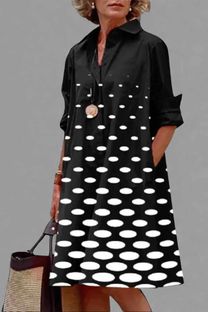 Elegant Black Polka Dot Midi Dress for Women with Collar Elbow Sleeve Relaxed A Line Casual Style