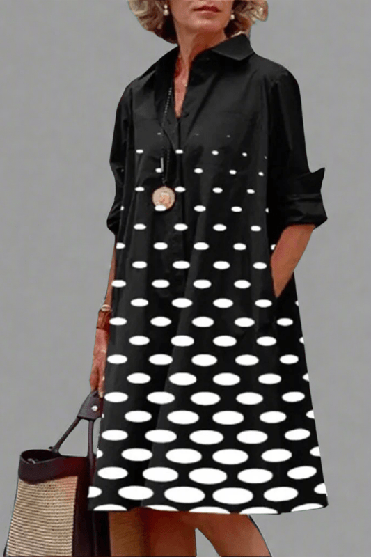 Elegant Black Polka Dot Midi Dress for Women with Collar Elbow Sleeve Relaxed A Line Casual Style