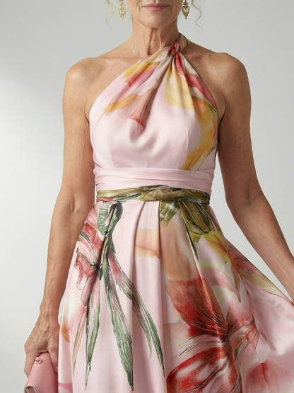 Elegant Floral Cocktail Dress for Women with One Shoulder Halter Sash Waist Flowing Maxi Style