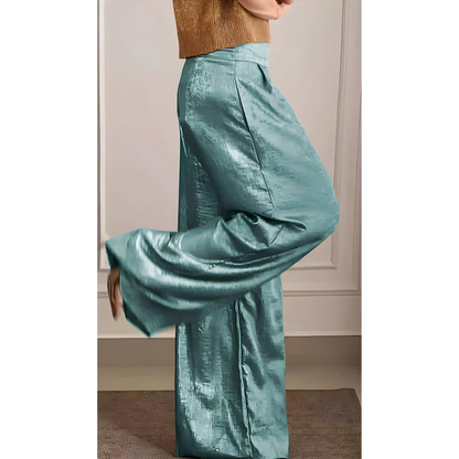 Elegant Wide Leg Pants Two Piece Set for Women with V Neck Short Sleeve Ribbed Knit Relaxed Style